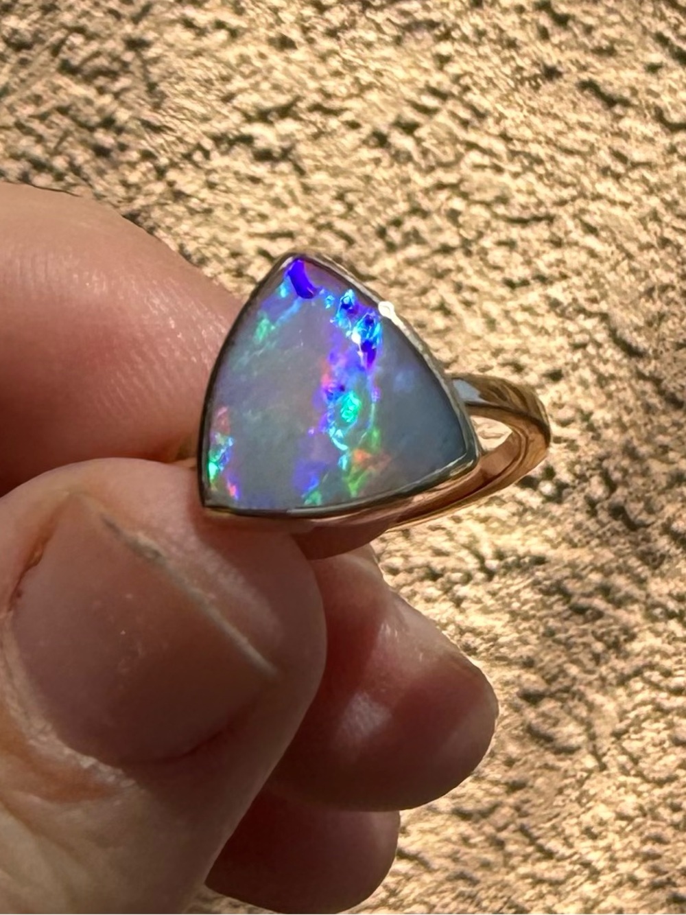 14k Gold Australian Opal Triangle Ring — Multi-Color Opal Accent - Picture 7 of 17